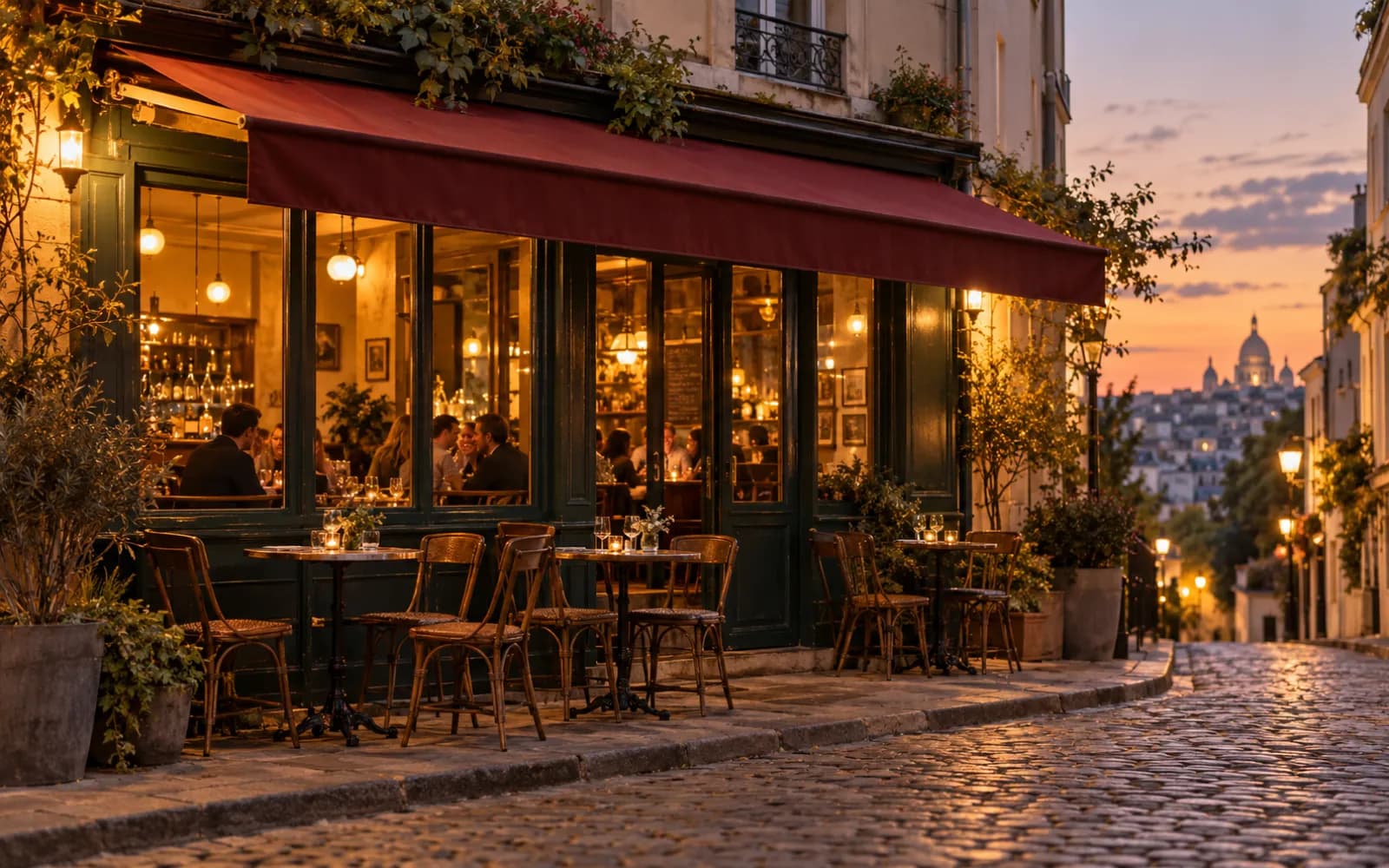 Terrasse d'un bistrot sur une rue pavée, à la tombée du jour