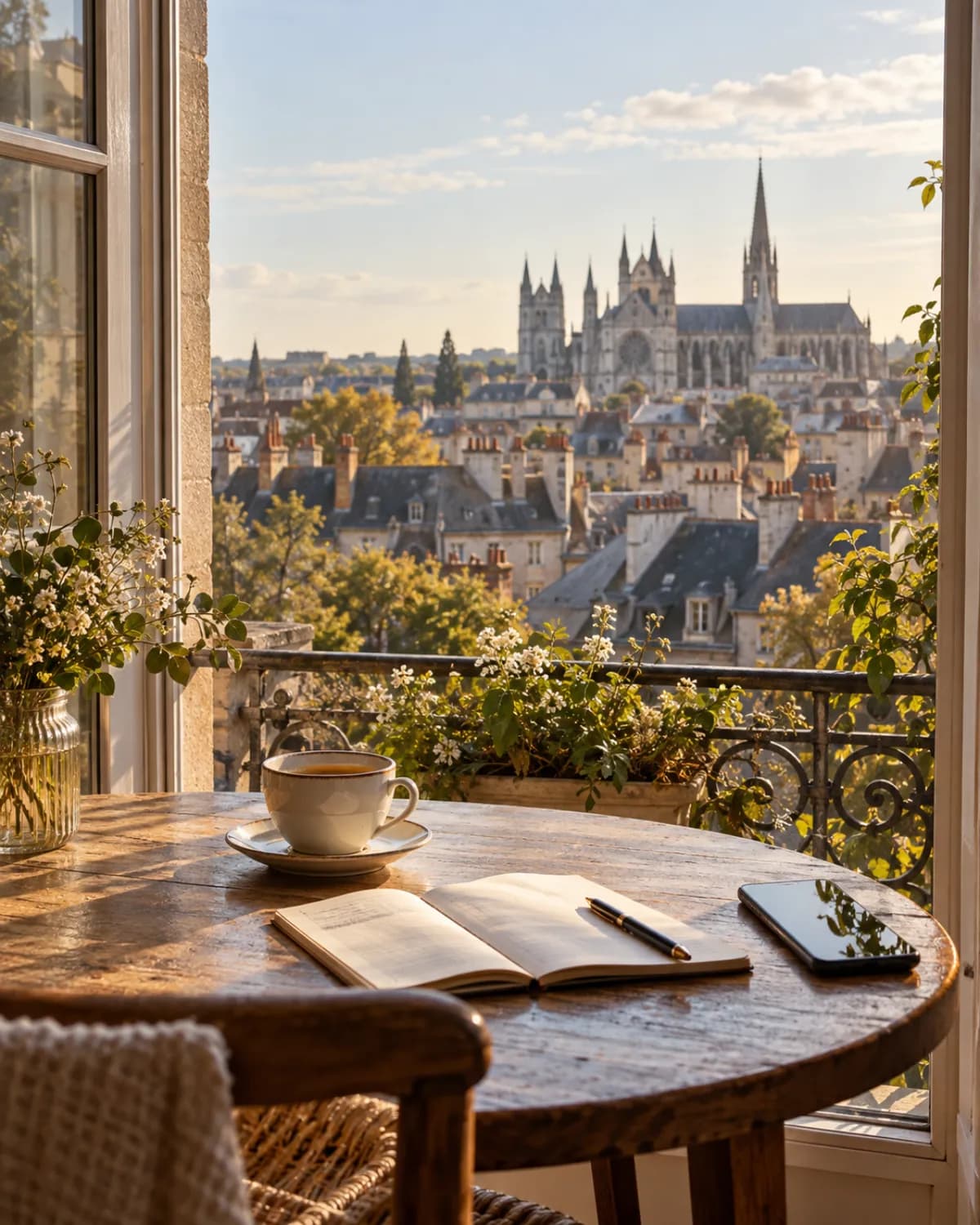 Table près d'une fenêtre ouverte avec café, carnet et smartphone, une cathédrale au loin