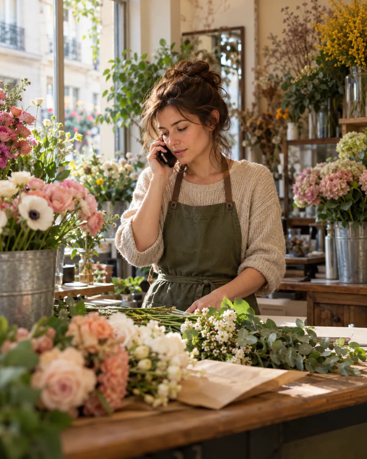 Fleuriste au téléphone, préparant un bouquet dans sa boutique