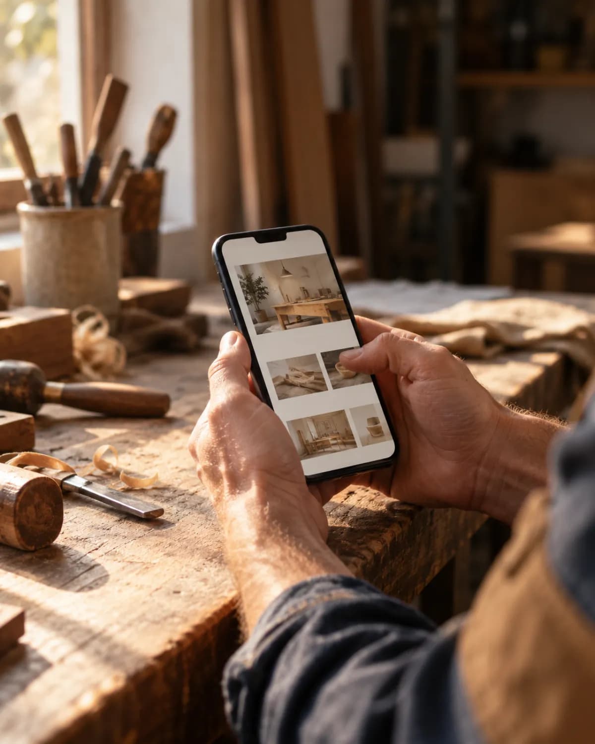 Mains tenant un smartphone qui affiche un site aux photos d'intérieur, au-dessus d'un établi
