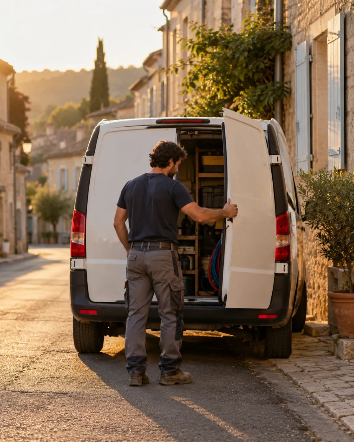 Artisan ouvrant l'arrière de sa camionnette dans une rue de village, au soleil couchant