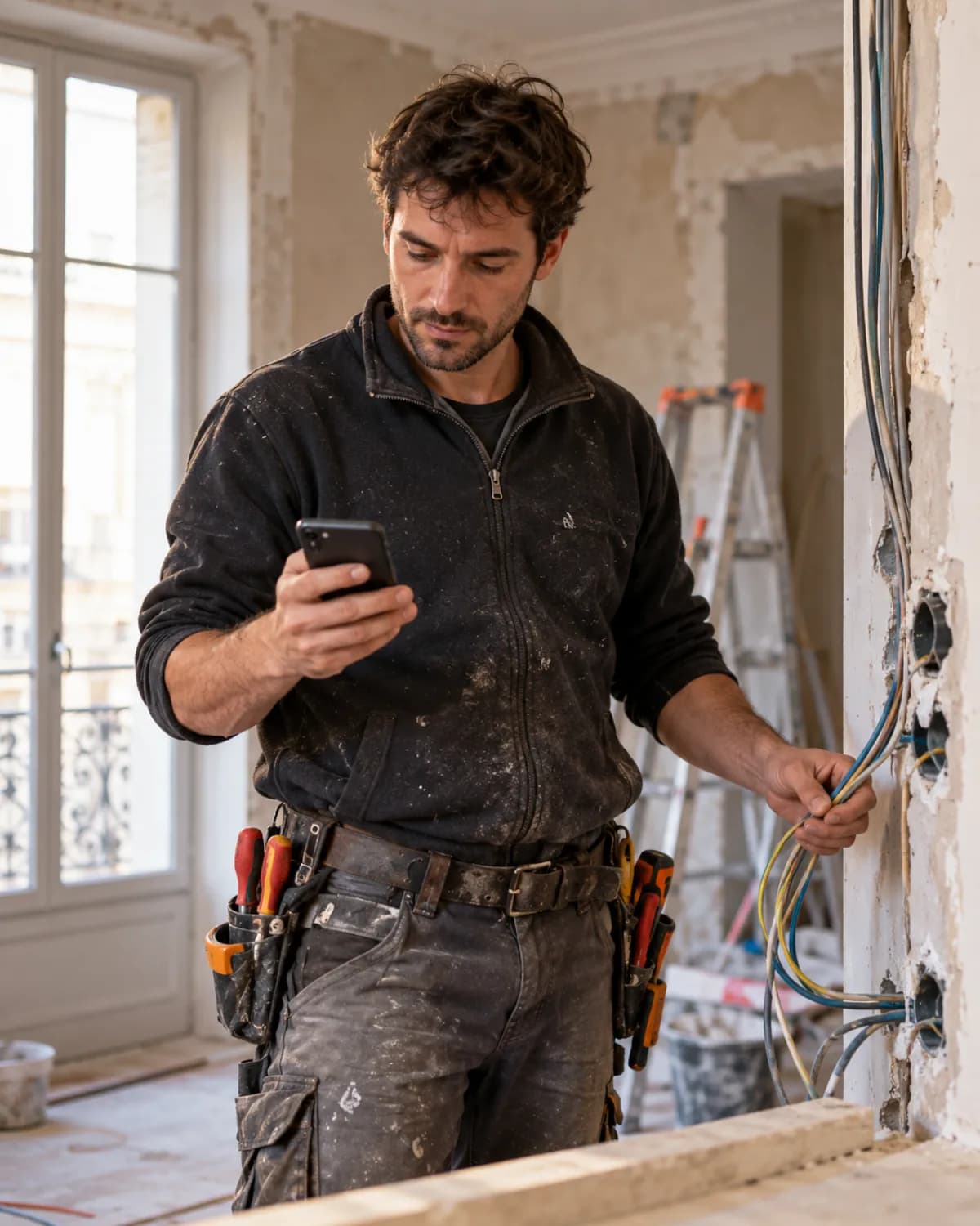 Électricien consultant son téléphone sur un chantier de rénovation